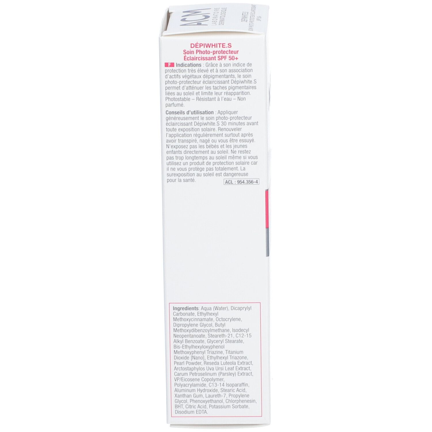 Produktverpackung. Aufschrift: Dépiwhite.S. Text in mehreren Sprachen. Inhaltsstoffe. Hergestellt in Frankreich.