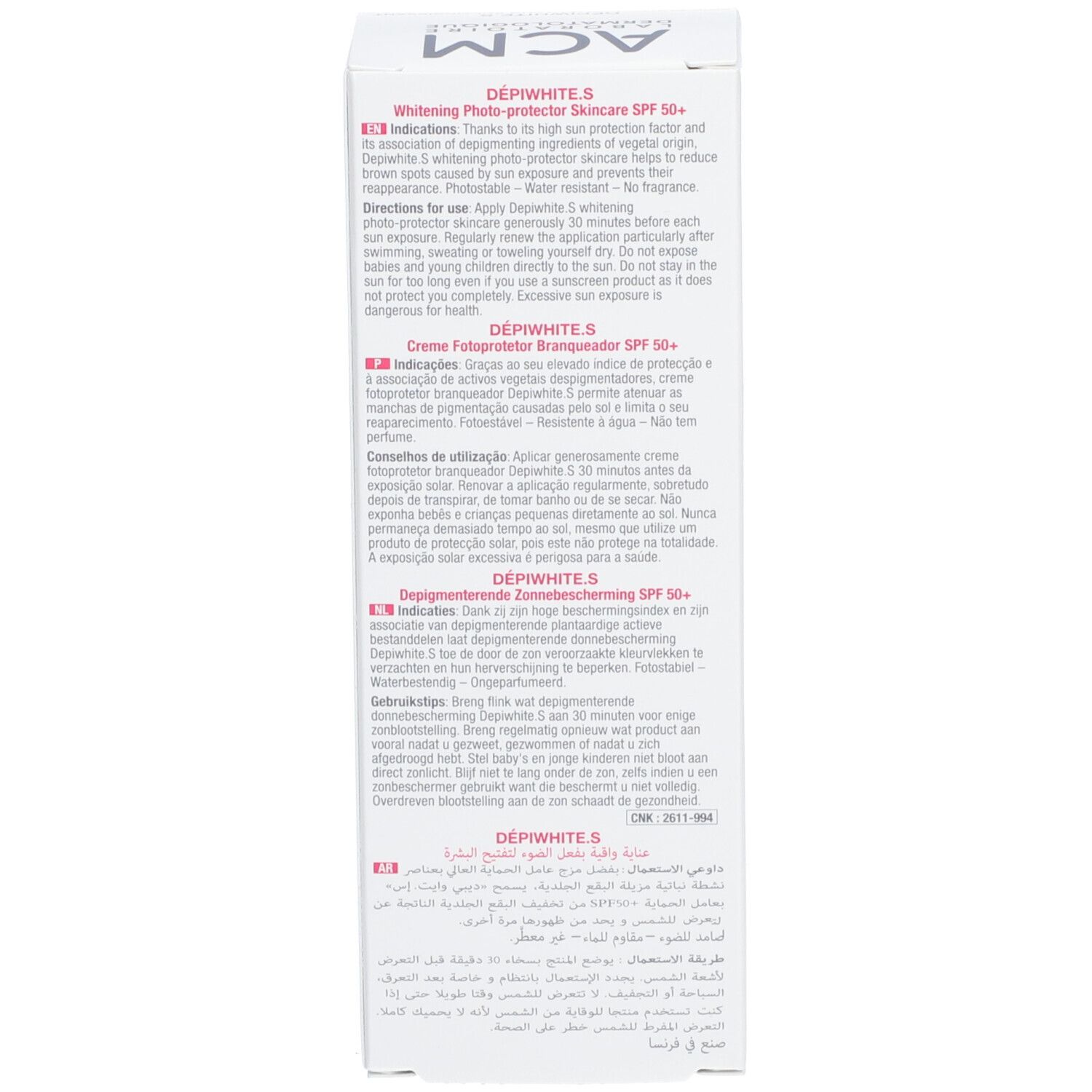 Produktverpackung. Aufschrift: Dépiwhite.S. Text in mehreren Sprachen. Hergestellt in Frankreich. 50 ml.