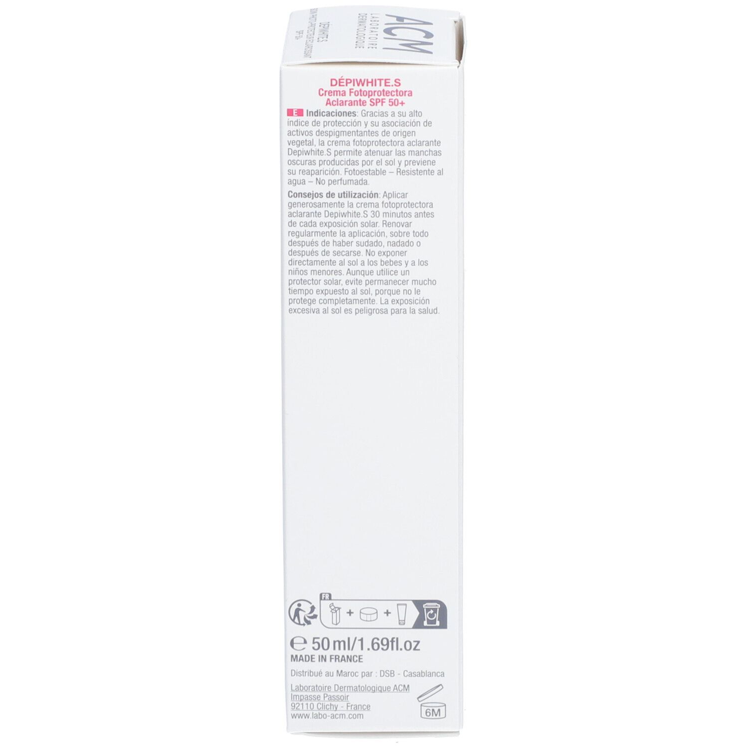 Produktverpackung. Aufschrift: Dépiwhite.S. Text in mehreren Sprachen. Hergestellt in Frankreich. 50 ml.