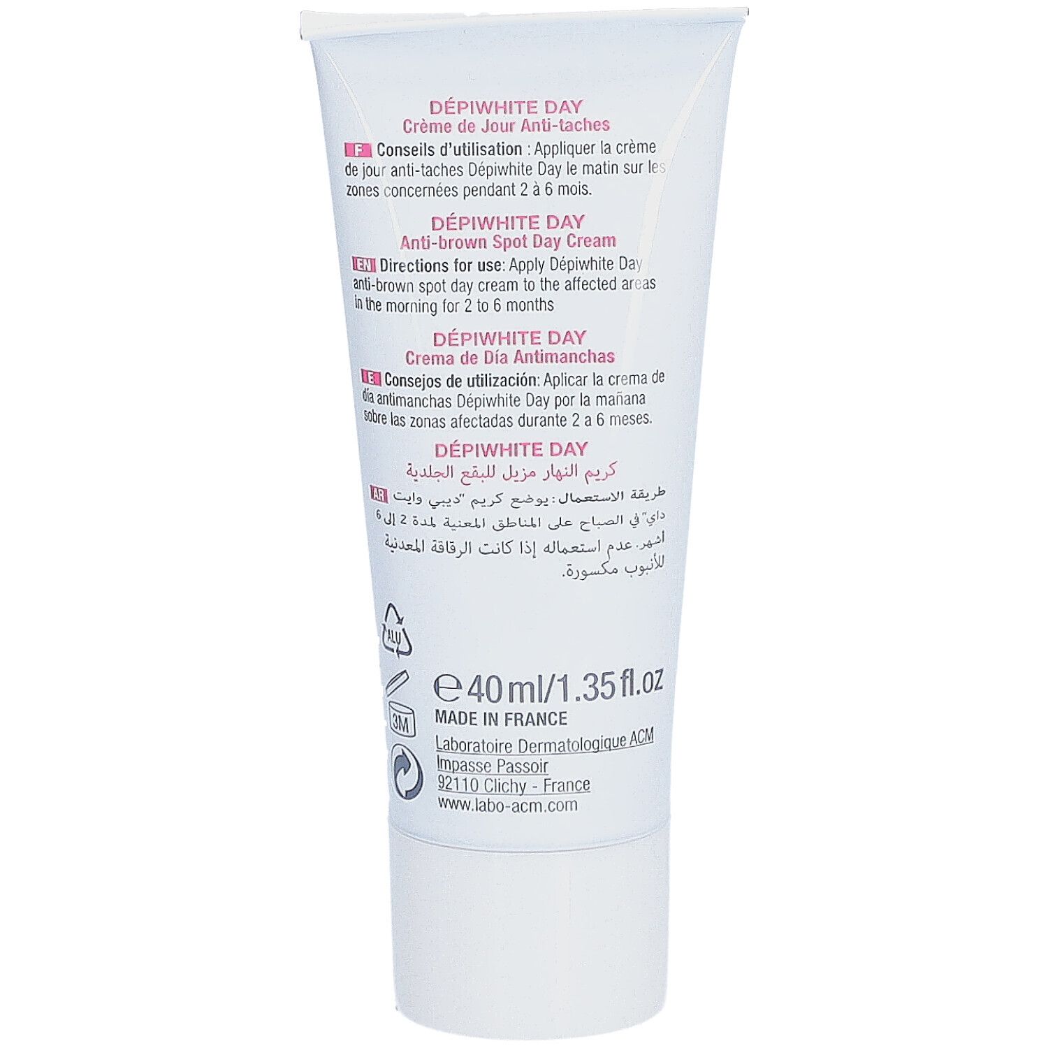 Dos du tube de crème. Texte multilingue. Informations fabricant et 40ml/1.35 fl.oz.