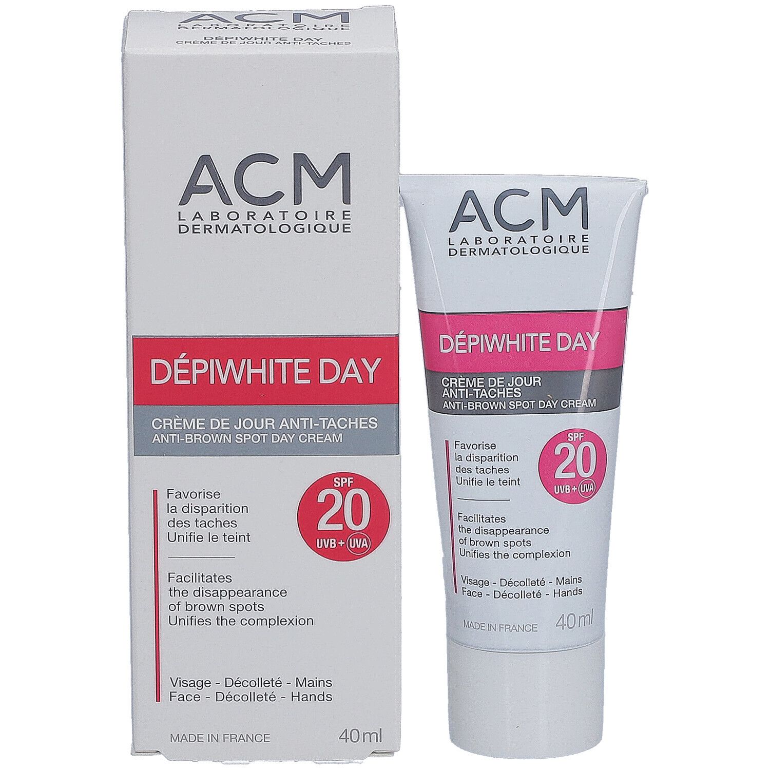 Emballage produit : tube et boîte. Inscriptions ACM, DÉPIWHITE DAY, SPF 20. 40ml.