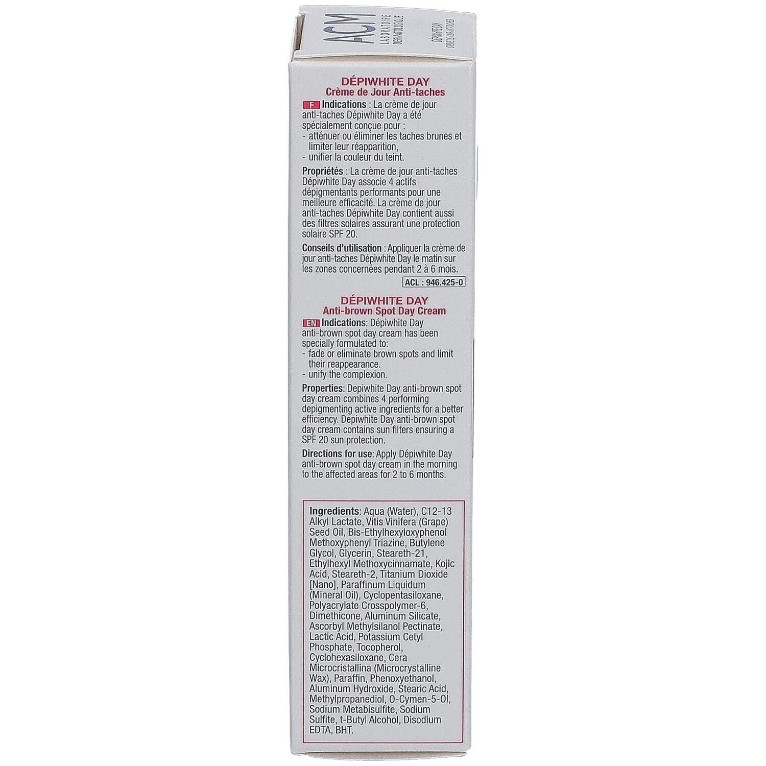 Côté de l'emballage du produit. Texte avec ingrédients et instructions. Marque ACM.