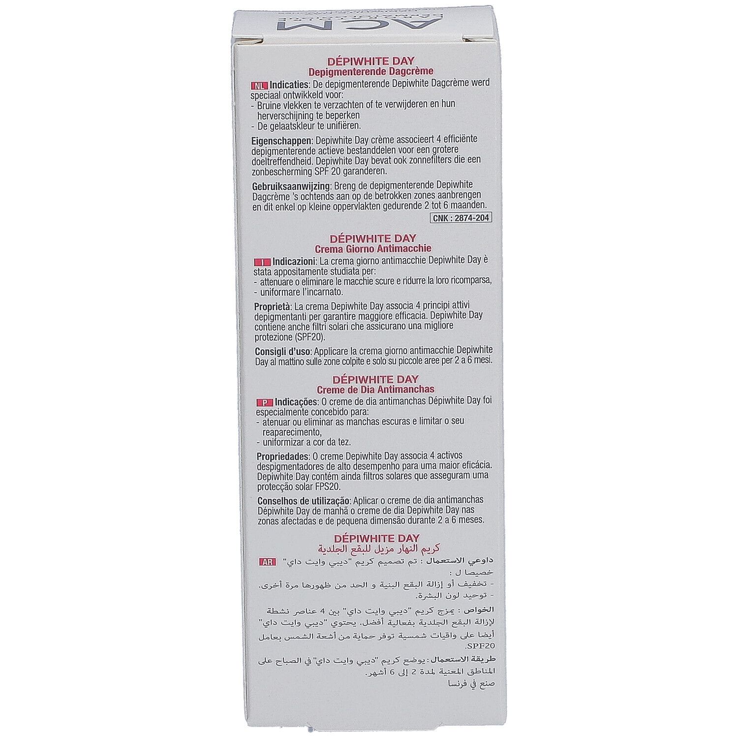 Côté de l'emballage du produit. Texte avec instructions et propriétés. Marque ACM.