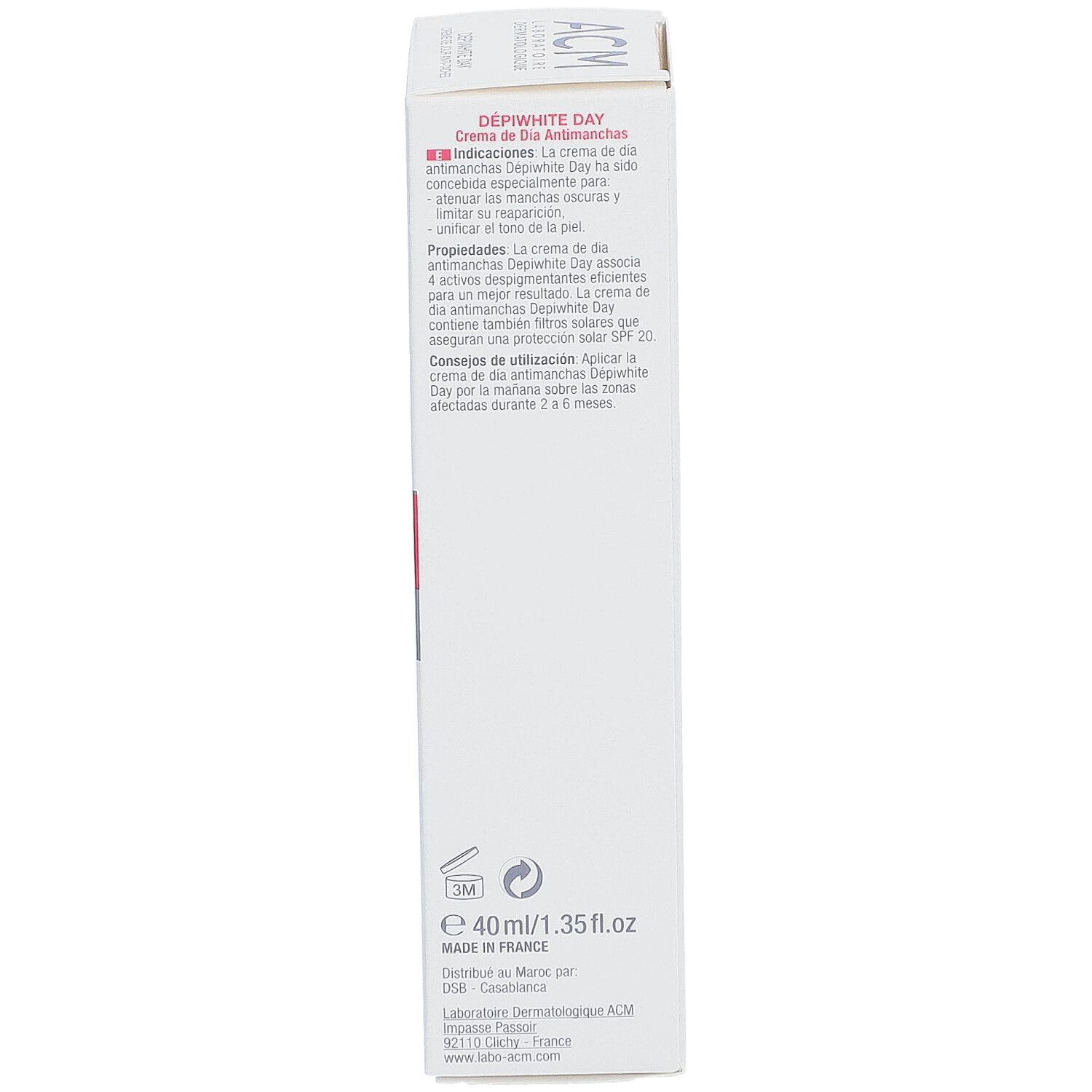 Côté de l'emballage du produit. Texte avec instructions. Marque ACM. 40ml/1.35 fl.oz.