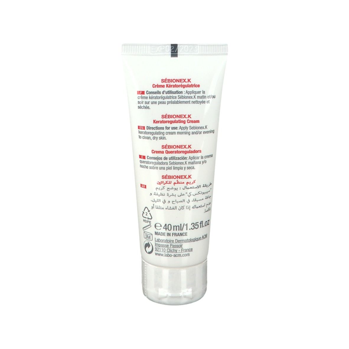 Rückseite des Creme-Tubes. Aufschrift: SÉBIONEX.K, Anwendungshinweise in mehreren Sprachen. 40ml/1.35 fl.oz.