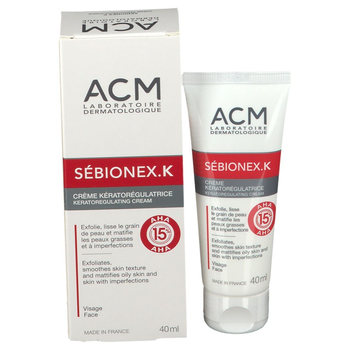 Produktverpackung und Tube. Aufschrift: ACM, SÉBIONEX.K, Crème Kératorégulatrice. 40ml. Mit rotem Streifen.