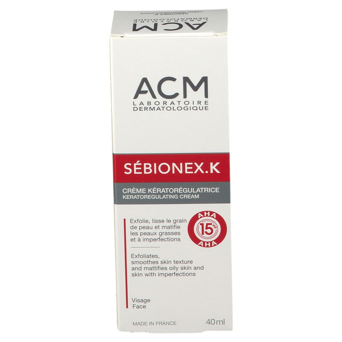 Produktverpackung. Aufschrift: ACM, SÉBIONEX.K, Crème Kératorégulatrice. 40ml. Mit rotem Streifen.