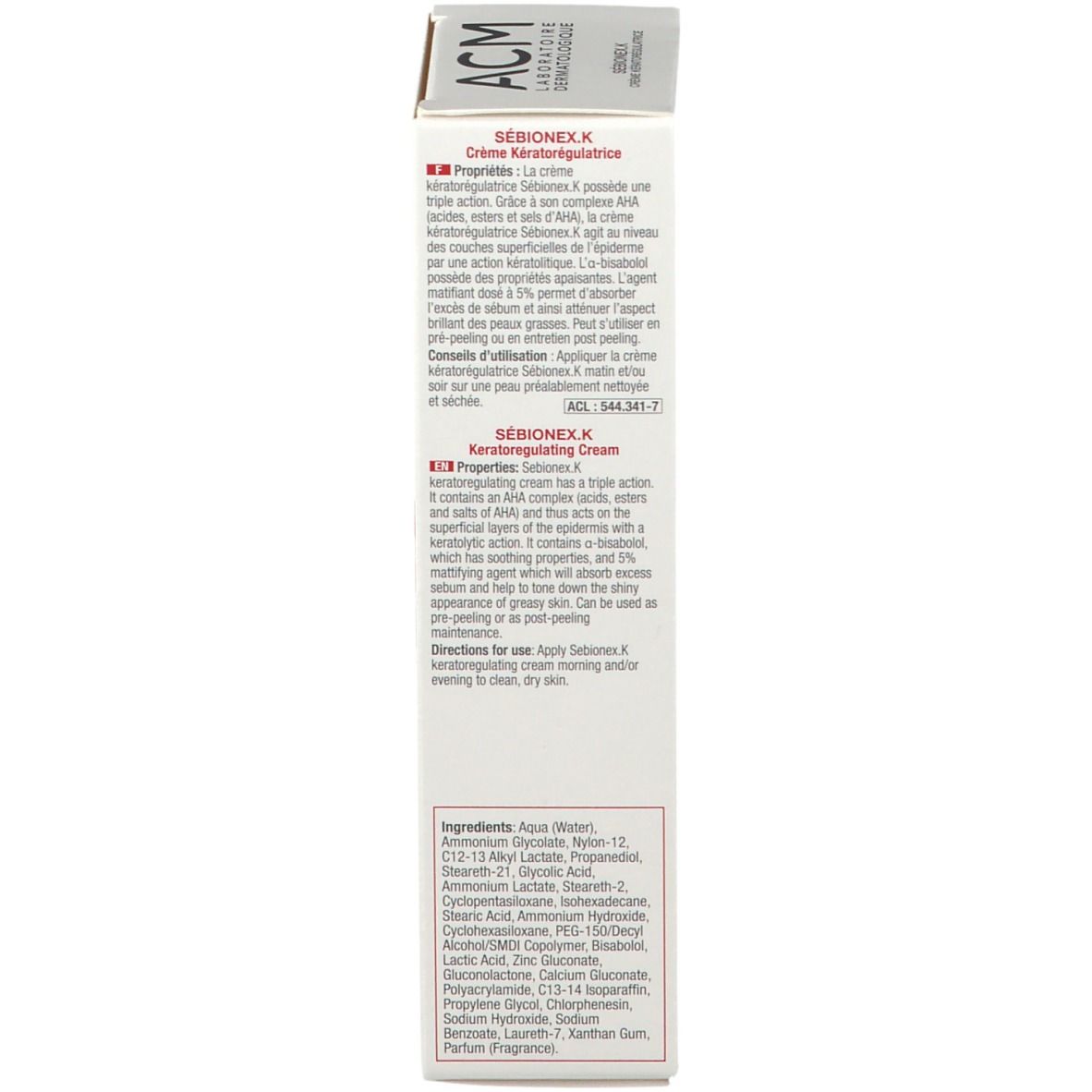 Produktverpackung. Aufschrift: SÉBIONEX.K, Crème Kératorégulatrice. Inhaltsstoffe und Anwendungshinweise.