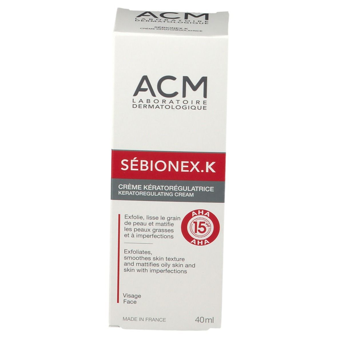 Produktverpackung. Aufschrift: ACM, SÉBIONEX.K, Crème Kératorégulatrice. 40ml. Mit rotem Streifen.