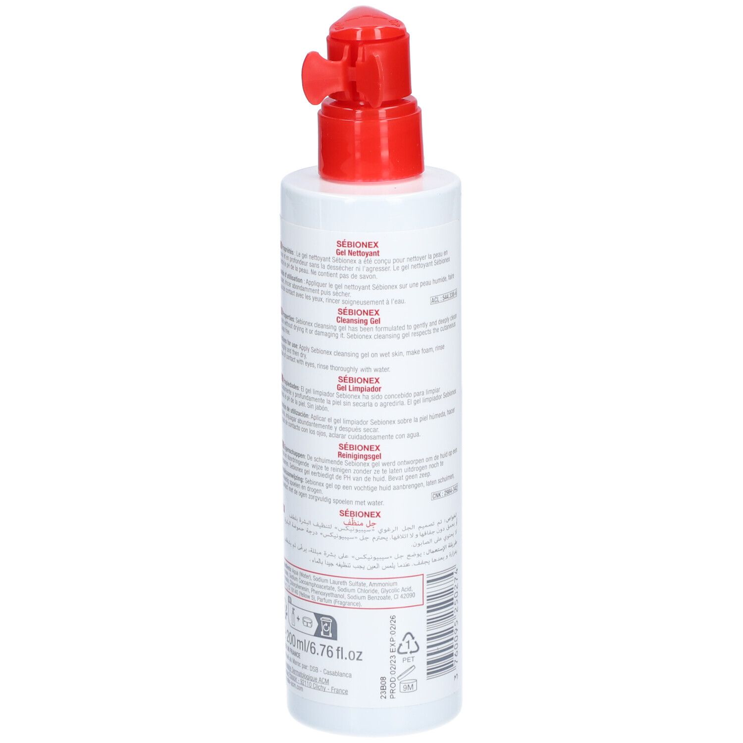 Weiße Flasche mit rotem Pumpkopf. Aufschrift: SÉBIONEX Gel Nettoyant. Rückseite mit Text in mehreren Sprachen.
