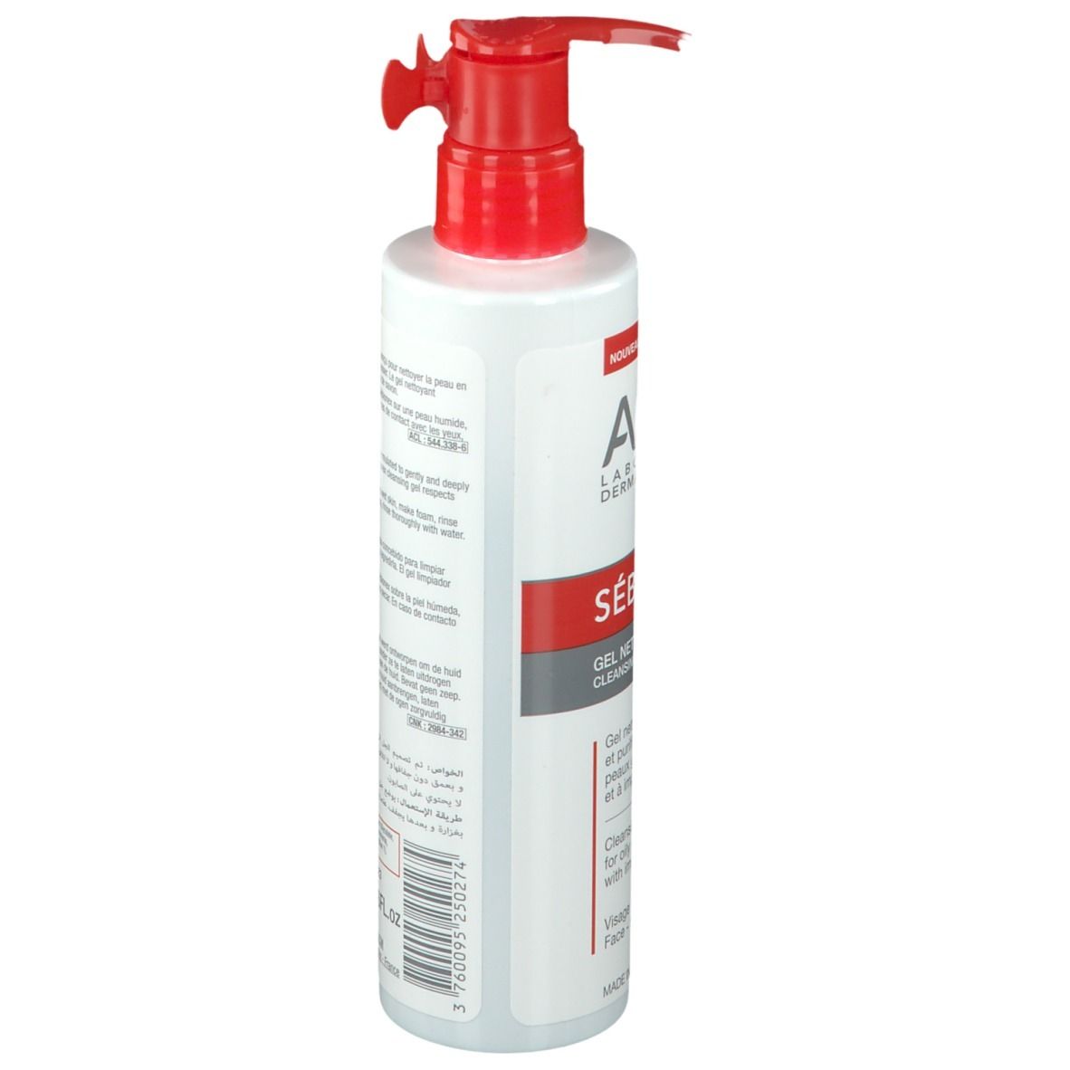 Weiß-rote Flasche mit rotem Pumpkopf. Aufschrift: ACM SÉBIONEX Gel Nettoyant. Für fettige Haut und Unreinheiten.