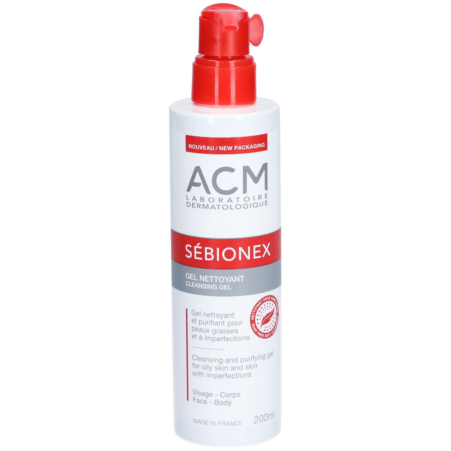 Weiß-rote Flasche mit rotem Pumpkopf. Aufschrift: ACM SÉBIONEX Gel Nettoyant. Für fettige Haut und Unreinheiten.