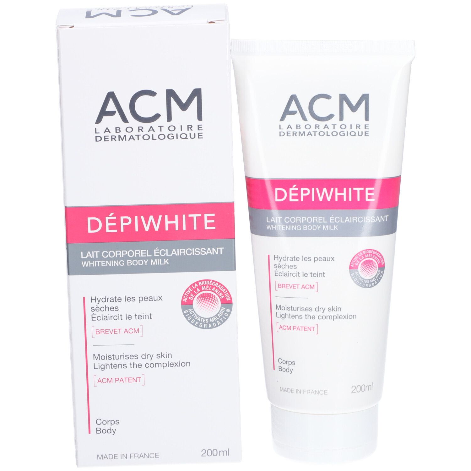Produktverpackung. Weiße Schachtel und Tube. Aufschrift: ACM Dépiwhite Lait corporel éclaircissant. 200ml.