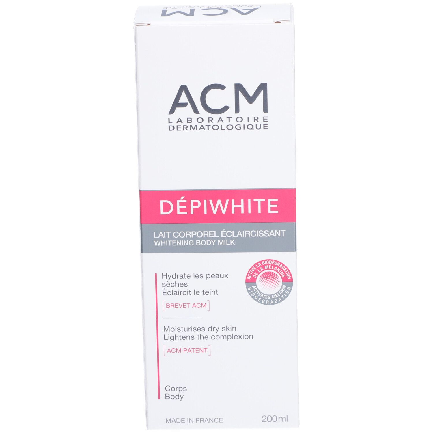 Weiße Schachtel mit rosa Akzenten. Aufschrift: ACM Dépiwhite Lait corporel éclaircissant. 200ml.