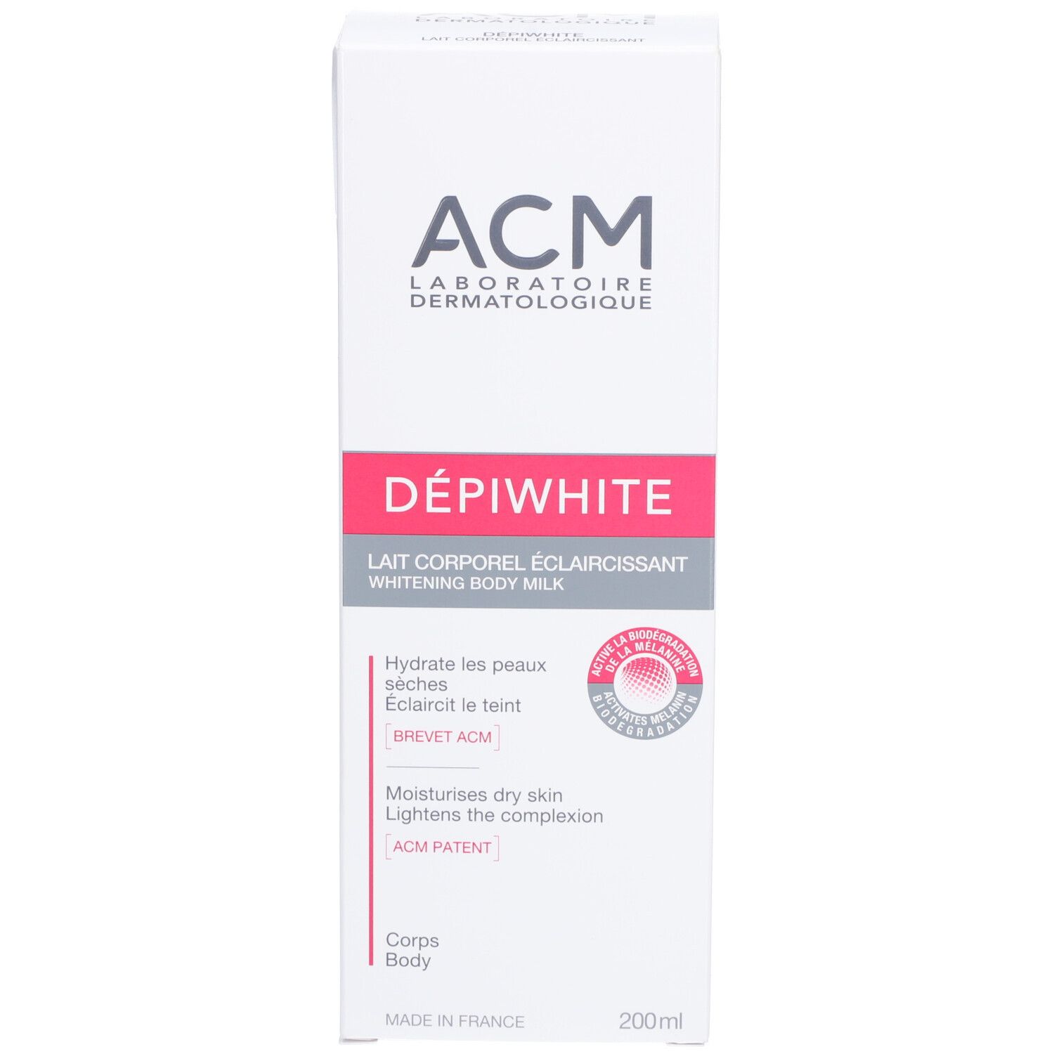 Weiße Schachtel mit rosa Akzenten. Aufschrift: ACM Dépiwhite Lait corporel éclaircissant. 200ml.
