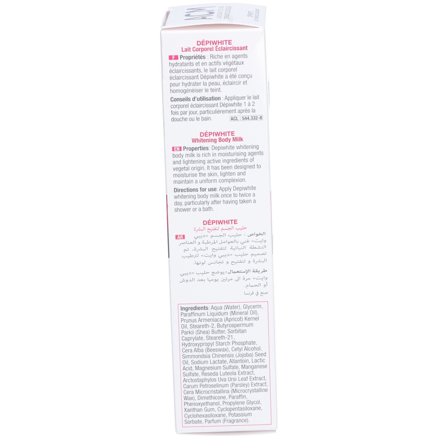 Seite der weißen Schachtel. Text in mehreren Sprachen. Inhaltsangabe und Herstellerinformationen.