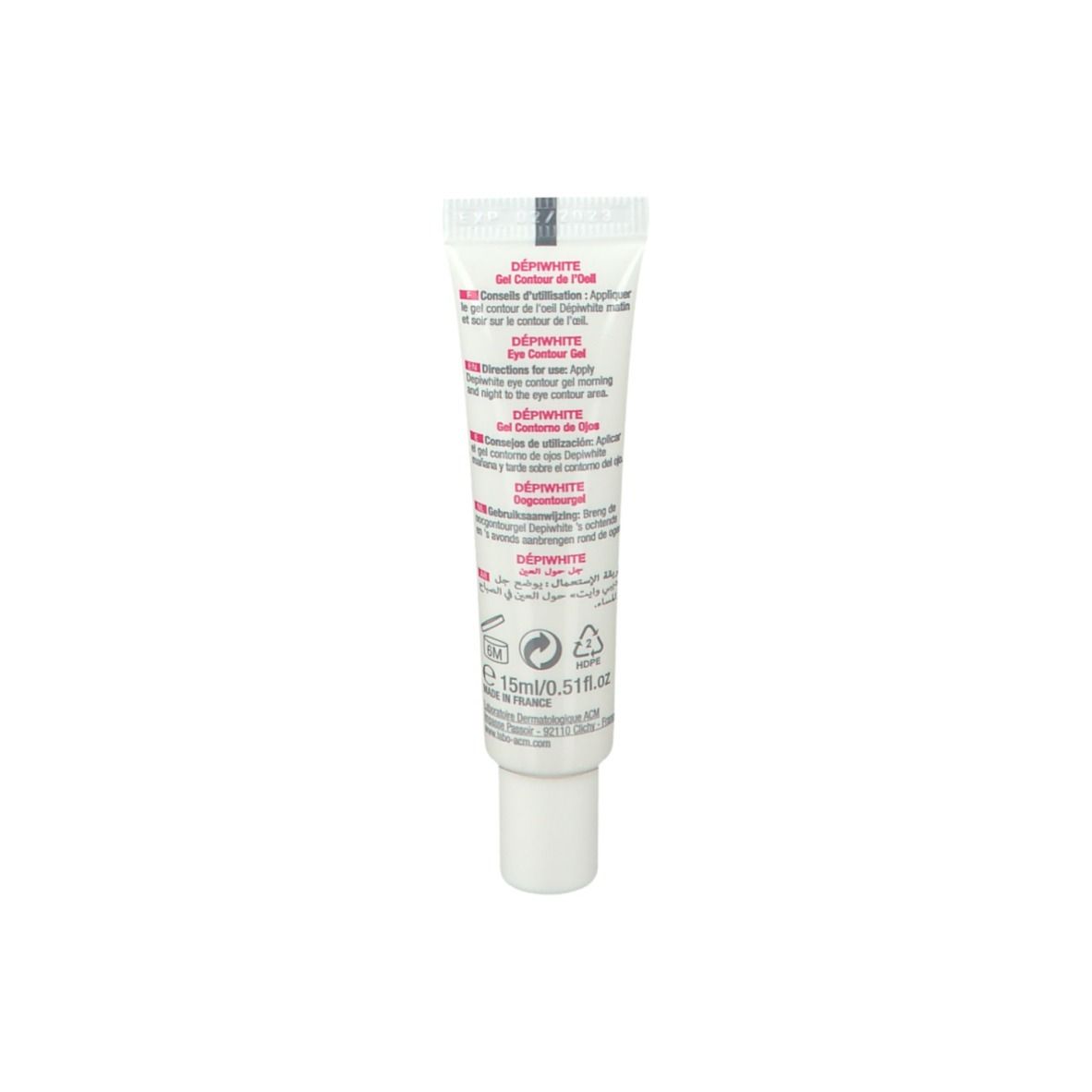Dos du tube de gel contour des yeux ACM DepiWhite. Contient du texte en plusieurs langues. Informations sur l'utilisation et les ingrédients.