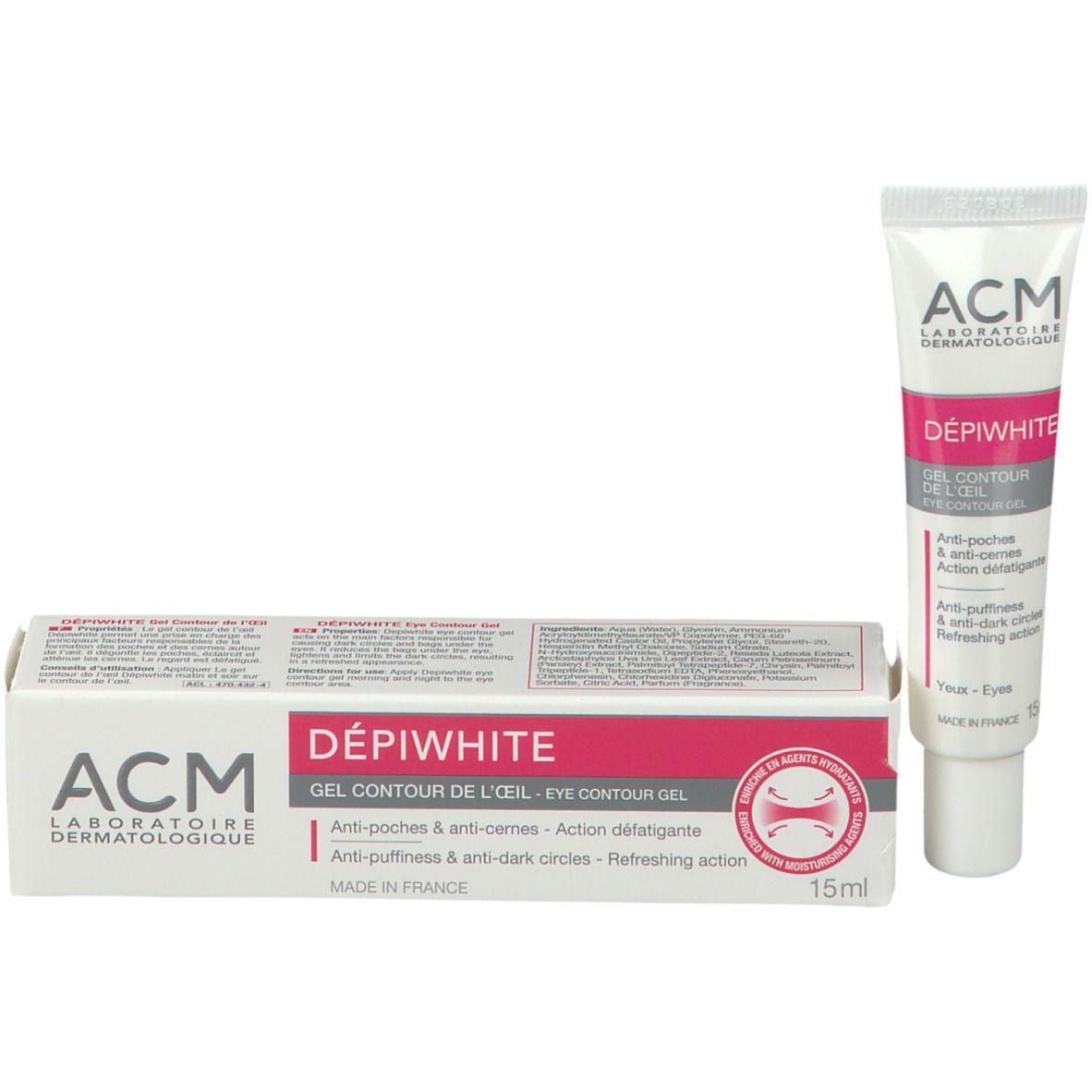 ACM DepiWhite gel contour des yeux et emballage. Emballage blanc avec accents roses. Contient des informations sur les poches et les cernes.