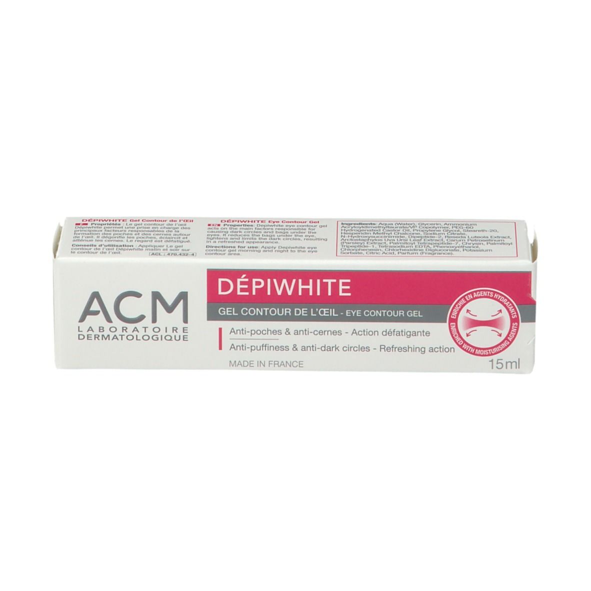 Emballage du gel contour des yeux ACM DepiWhite. Boîte blanche avec accents roses. Contient le nom du produit et des informations sur les poches.