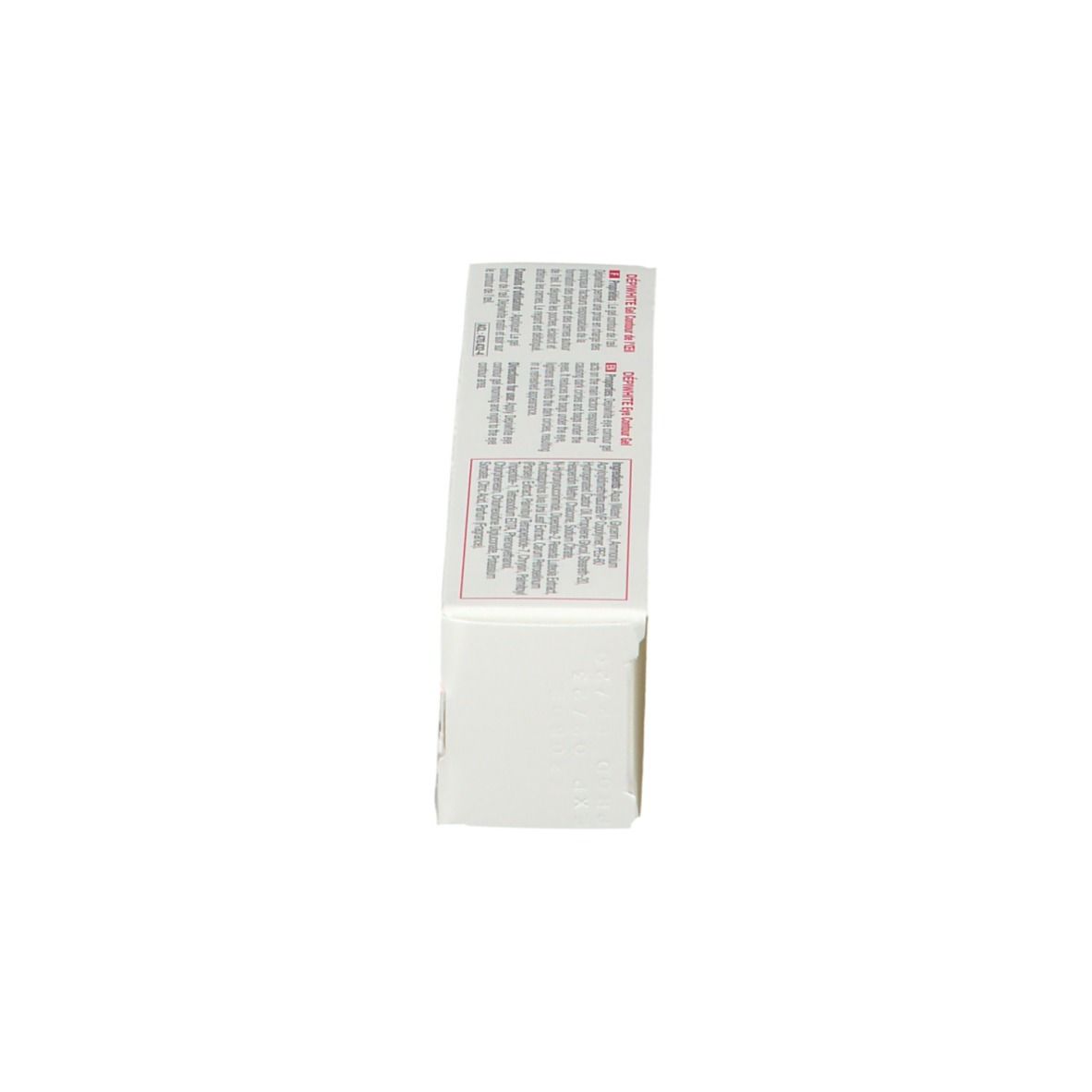 Vue latérale de l'emballage du gel contour des yeux ACM DepiWhite. Boîte blanche avec texte. Contient des informations sur l'utilisation.