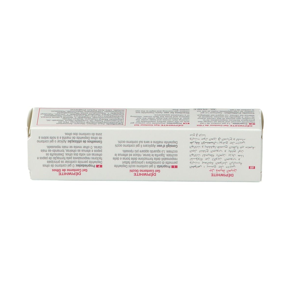 Dos de l'emballage du gel contour des yeux ACM DepiWhite. Contient du texte en plusieurs langues. Informations sur les ingrédients et l'utilisation.