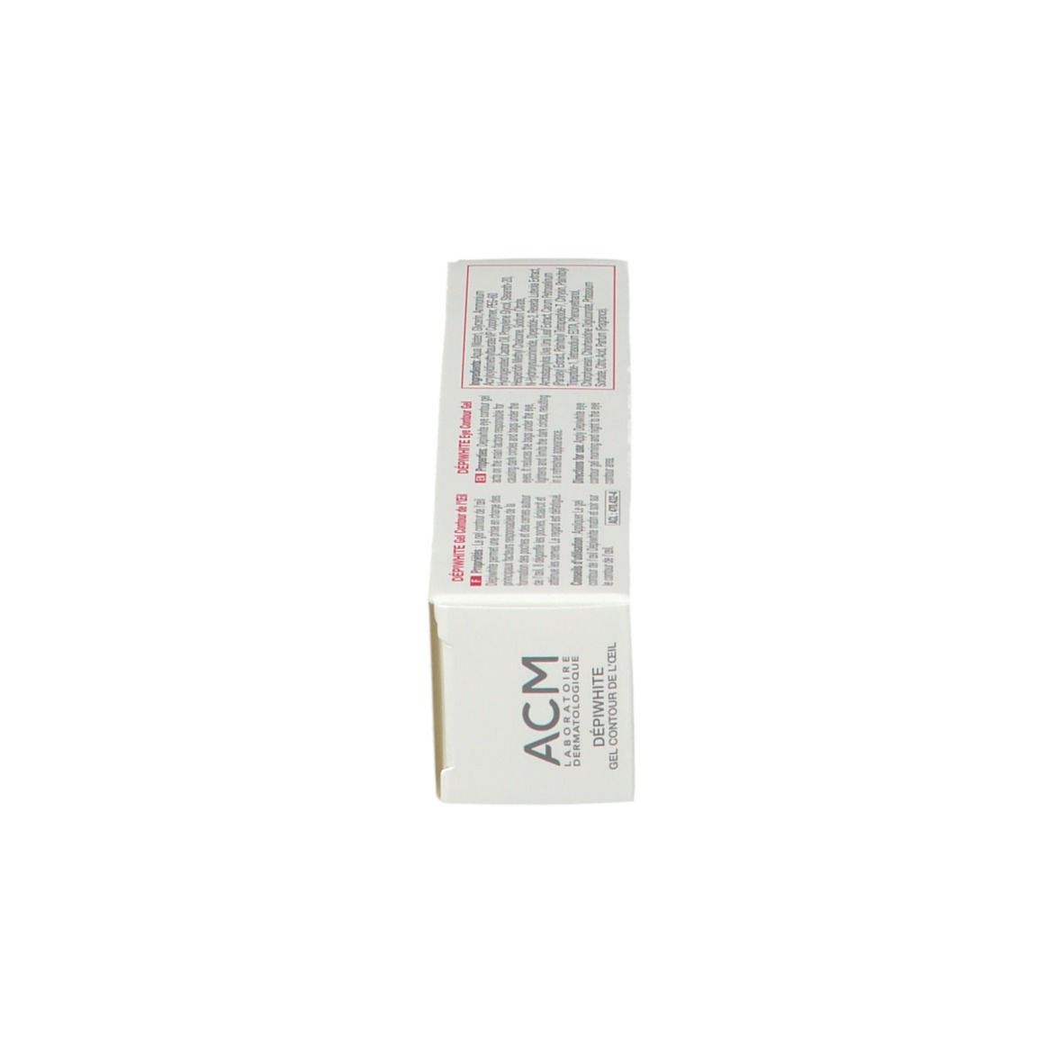 Dessus de l'emballage du gel contour des yeux ACM DepiWhite. Contient le nom du produit et des informations. Marque ACM.