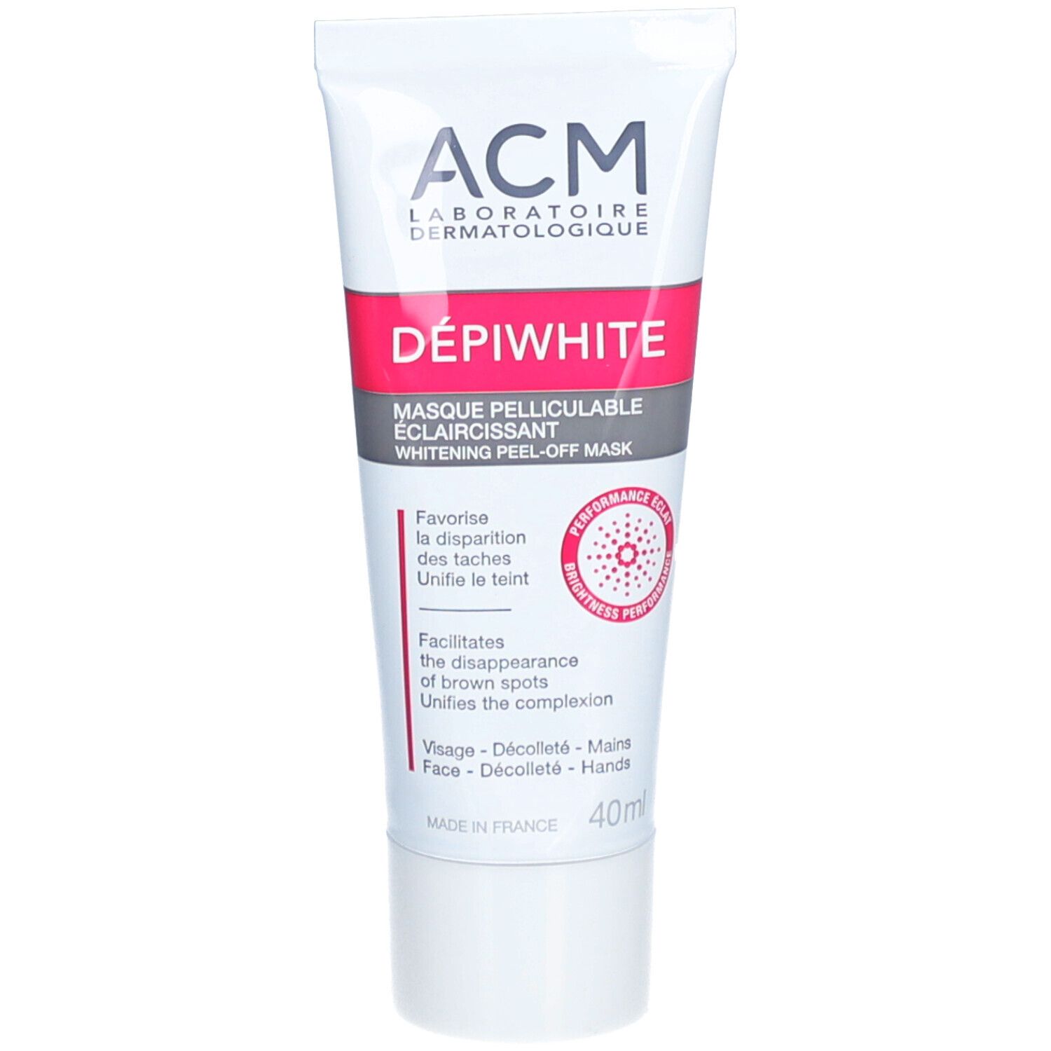 Weisse Tube mit Aufschrift ACM, Depiwhite, Maske. Rosa Akzent. 40ml. Abziehbare Maske gegen Pigmentflecken.