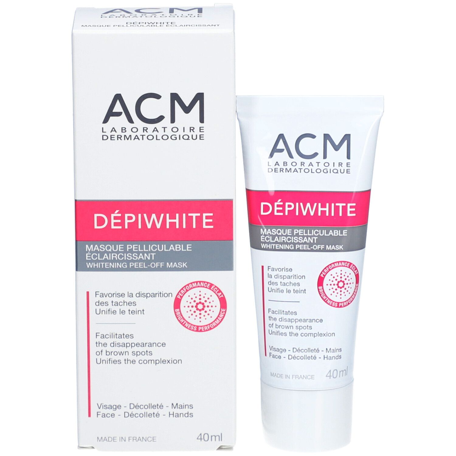 Produktverpackung: Tube und Karton. Beide mit ACM, Depiwhite, Maske. Rosa Akzent. 40ml. Abziehbare Maske.
