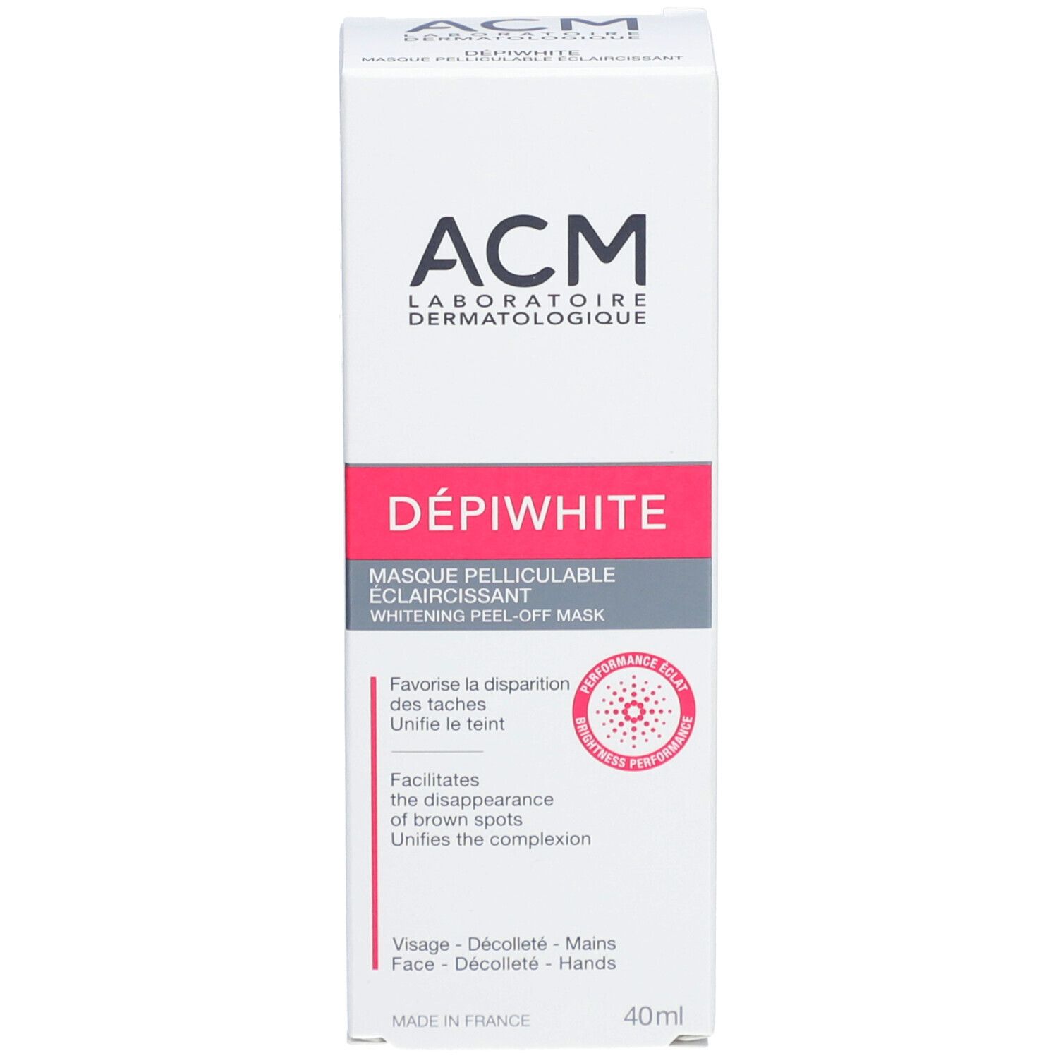 Weisse Produktverpackung mit ACM, Depiwhite, Maske. Rosa Akzent. 40ml. Abziehbare Maske gegen Pigmentflecken.
