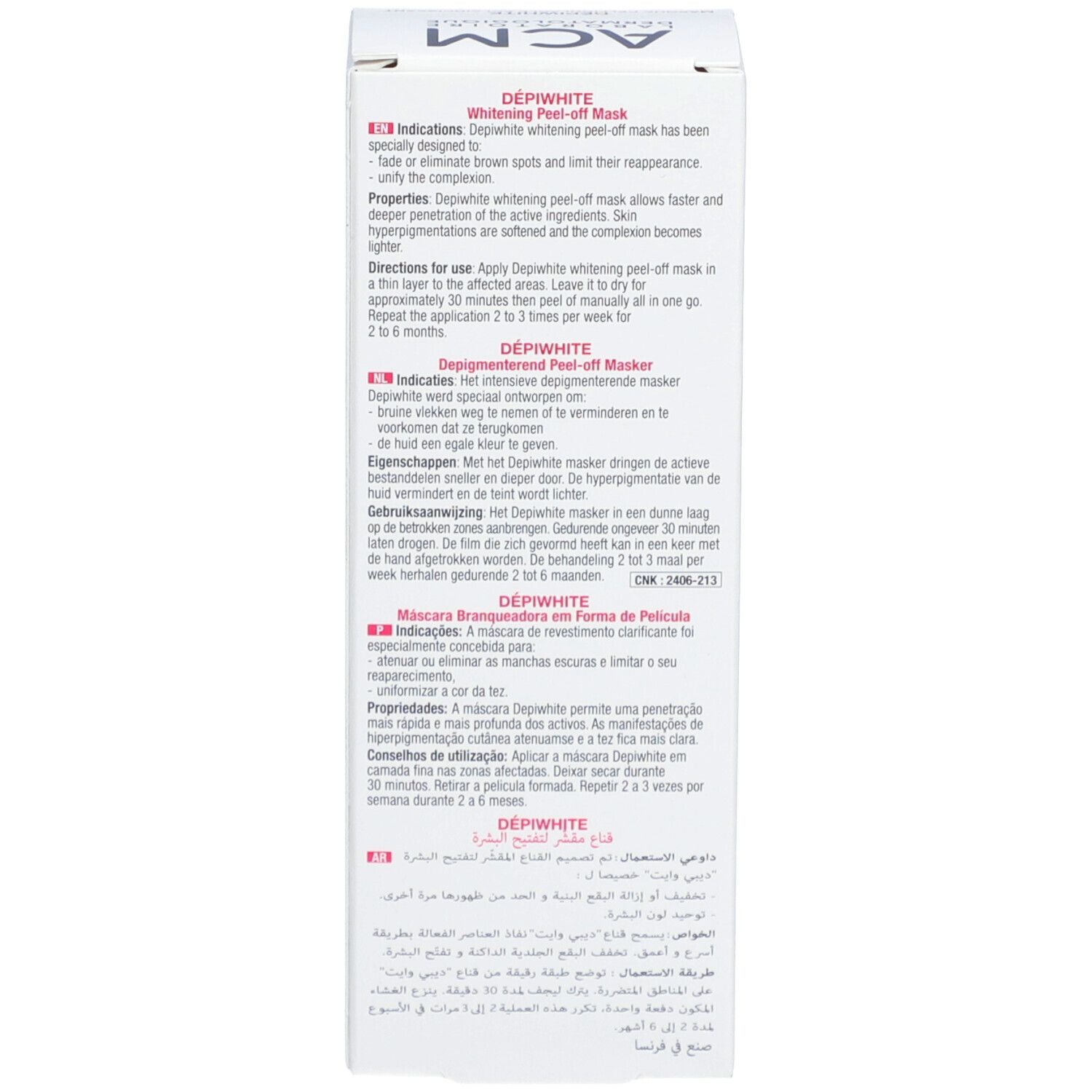 Rückseite der Produktverpackung. Text in mehreren Sprachen. Enthält Informationen zur Anwendung und Inhaltsstoffe.