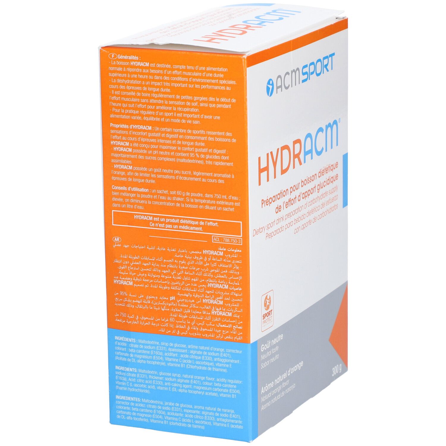 Emballage du produit, boîte blanche et orange. Texte multilingue. Vue latérale.