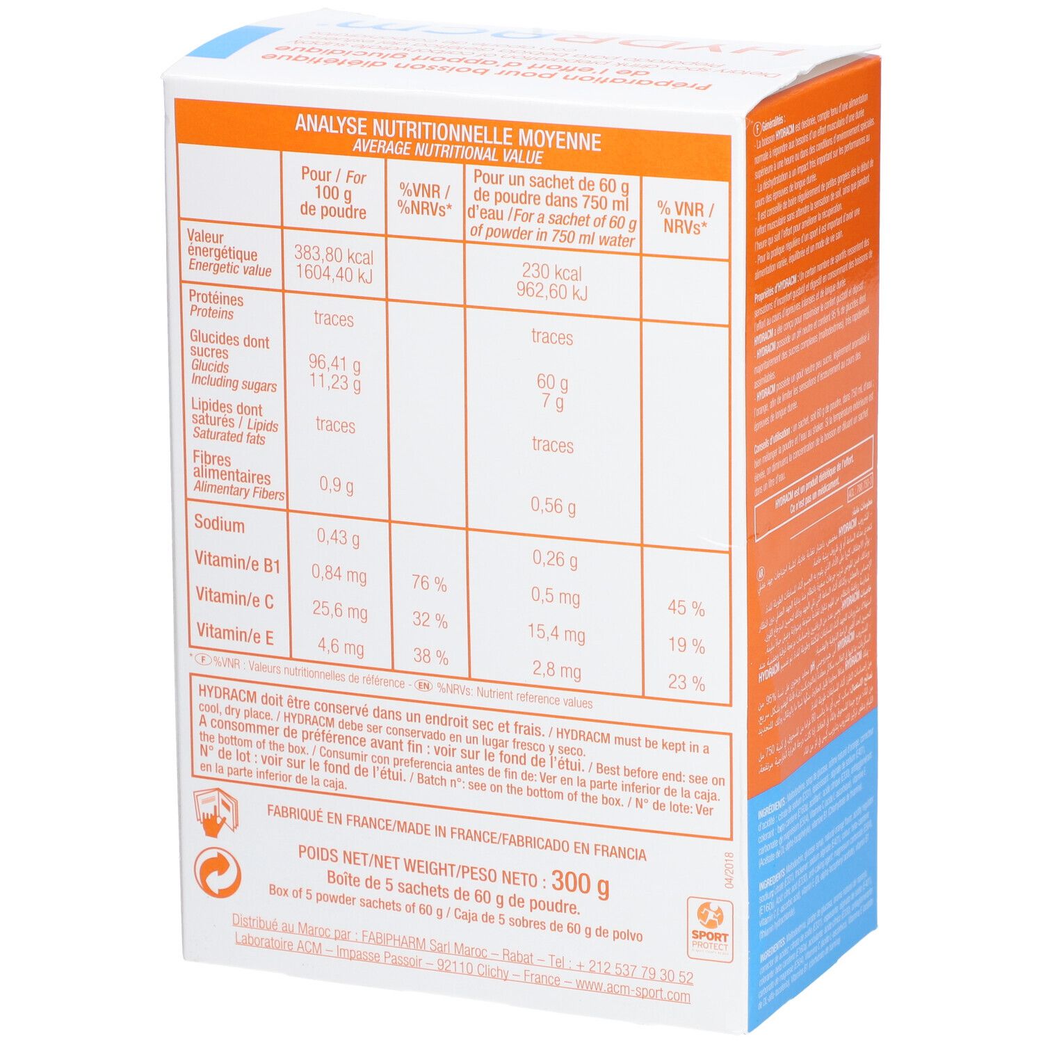 Dos de l'emballage du produit. Tableau nutritionnel multilingue. 300 g.