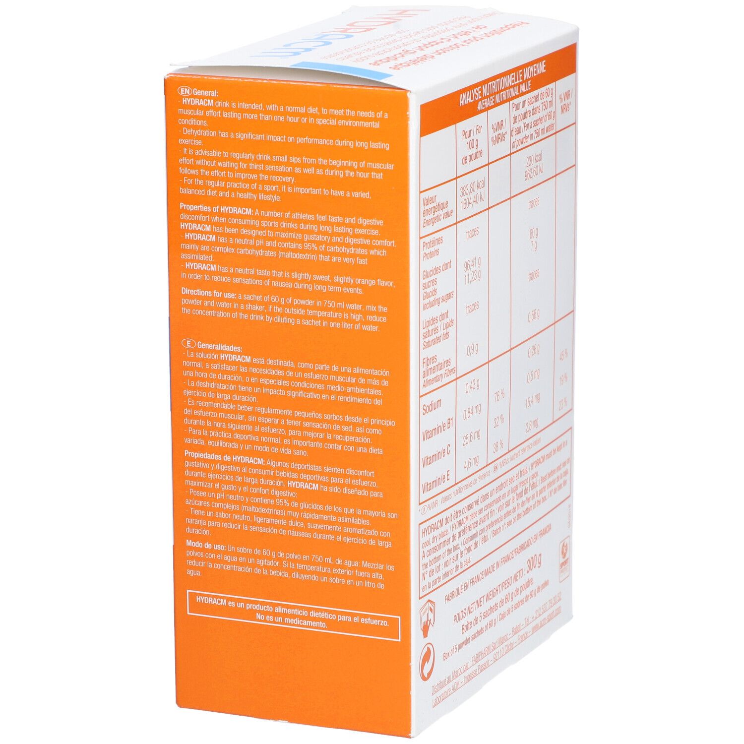 Emballage du produit, boîte blanche et orange. Tableau nutritionnel. Vue latérale.