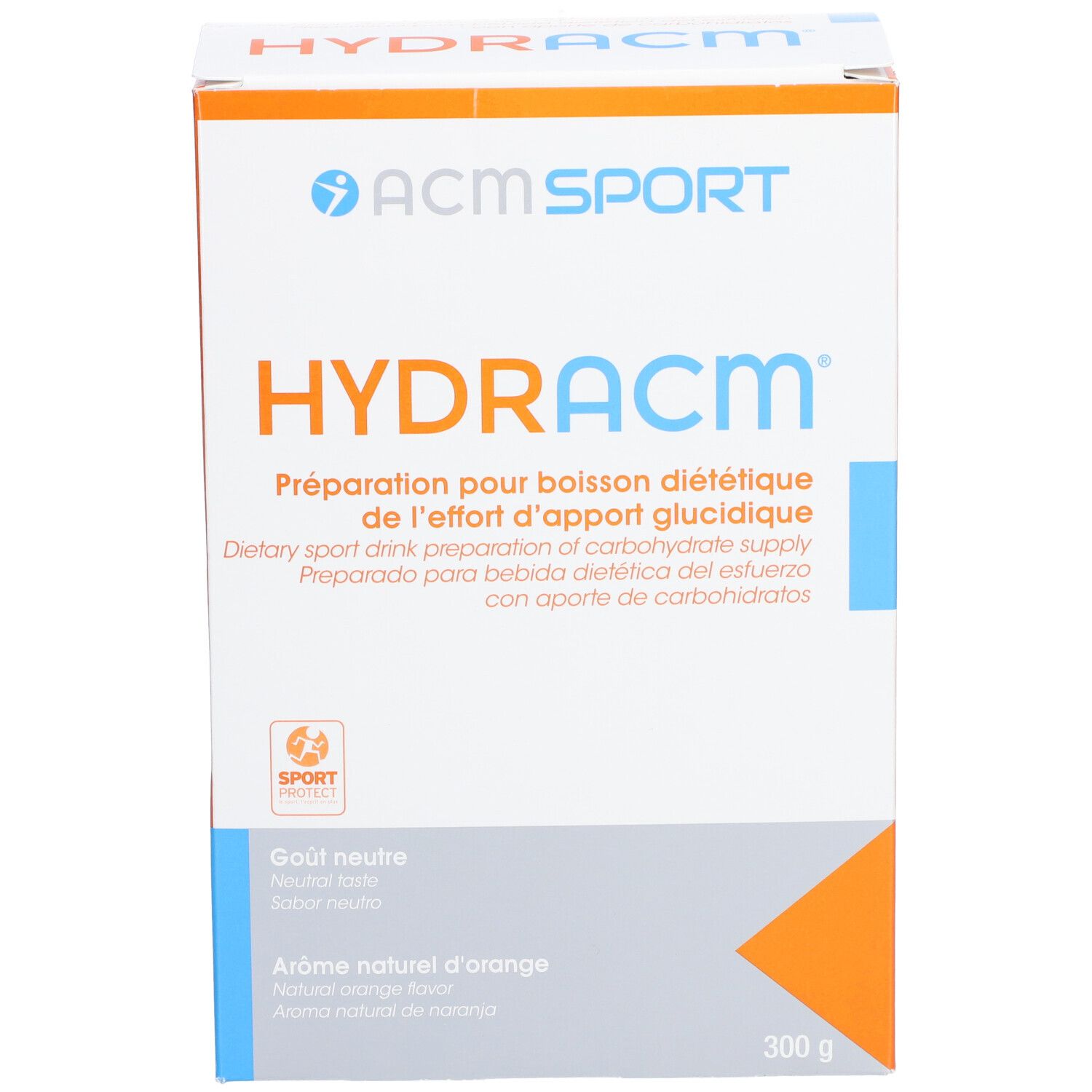 Boîte blanche et orange avec nom et logo du produit. Texte multilingue. 300 g.