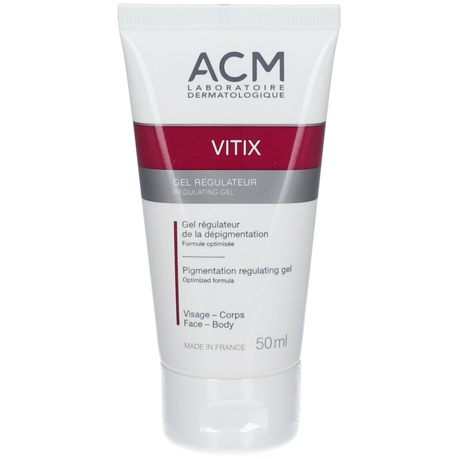 Tube blanc et rouge avec logo et nom du produit. 50ml. "Gel régulateur de la dépigmentation".