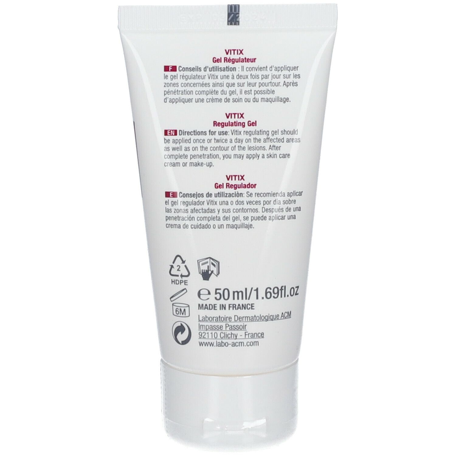 Dos du tube. Texte multilingue. 50 ml/1.69 fl.oz. Informations du fabricant.