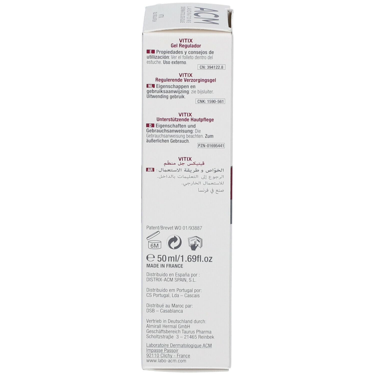 Dos de la boîte. Texte multilingue. Informations du fabricant. 50 ml/1.69 fl.oz.