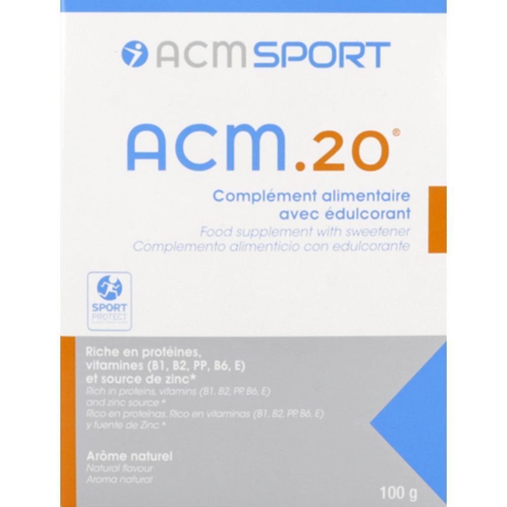 Boîte de complément alimentaire "ACM.20". Texte en français, anglais et espagnol. Logo "ACM SPORT". 100 g.