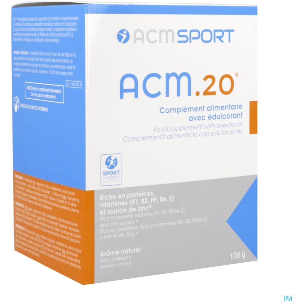 Boîte de complément alimentaire "ACM.20". Texte en français, anglais et espagnol. Logo "ACM SPORT". 100 g.