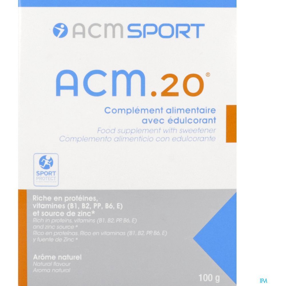 Boîte de complément alimentaire "ACM.20". Texte en français, anglais et espagnol. Logo "ACM SPORT". 100 g.
