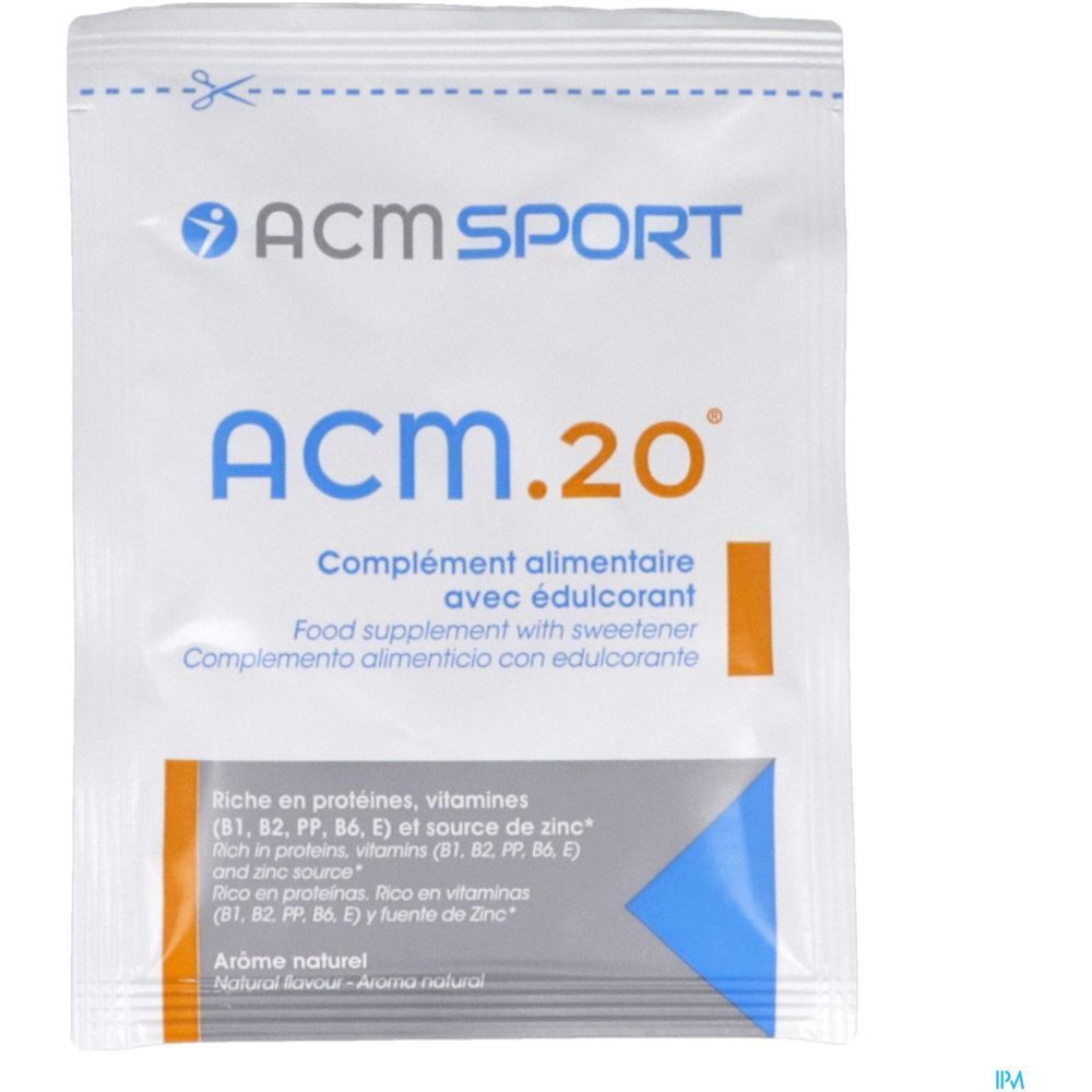 Sachet de complément alimentaire "ACM.20". Texte en français, anglais et espagnol. Logo "ACM SPORT".