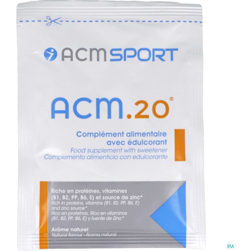 Sachet de complément alimentaire "ACM.20". Texte en français, anglais et espagnol. Logo "ACM SPORT".