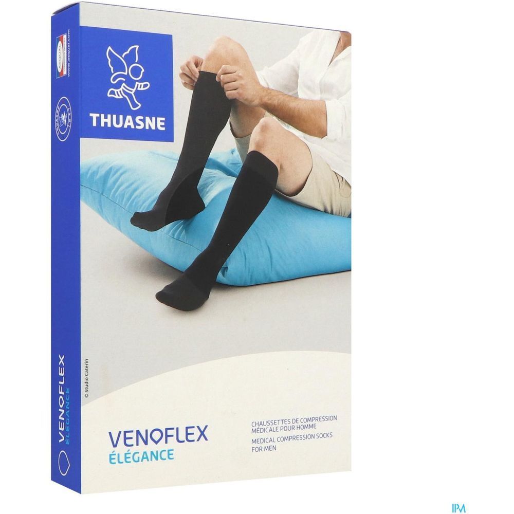 Boîte de bas de compression pour homme. Bas noirs. Marque Thuasne, Venoflex. Texte: Chaussettes de compression médicale.
