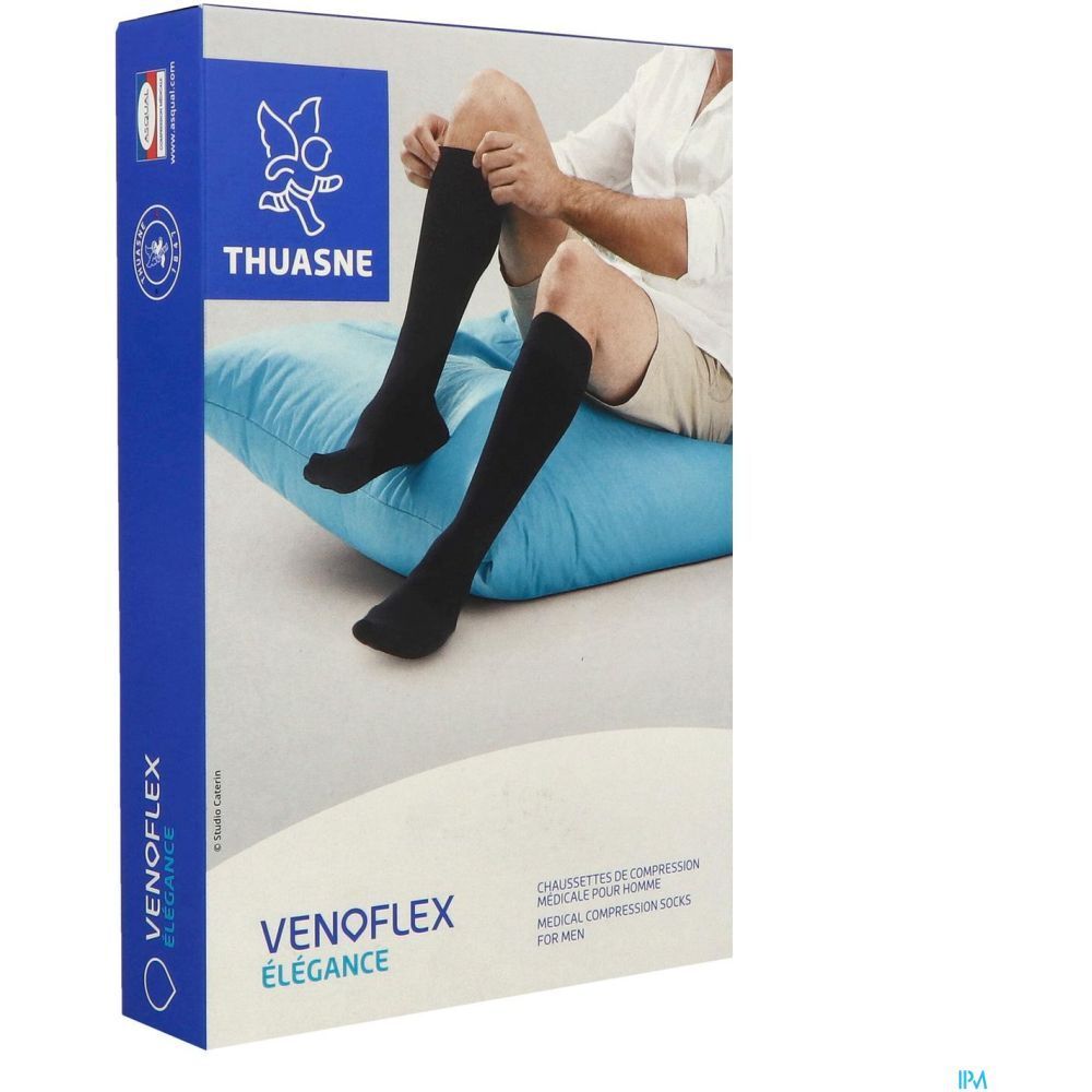 Boîte de bas de compression pour homme. Bas noirs. Marque Thuasne, Venoflex. Texte: Chaussettes de compression médicale.