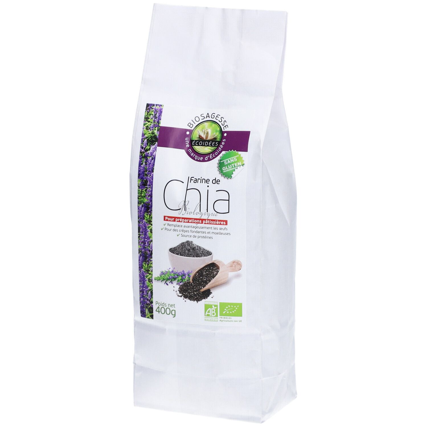 Sachet blanc avec impression. Farine de Chia, 400g. Logo Biosagesse. Label bio.
