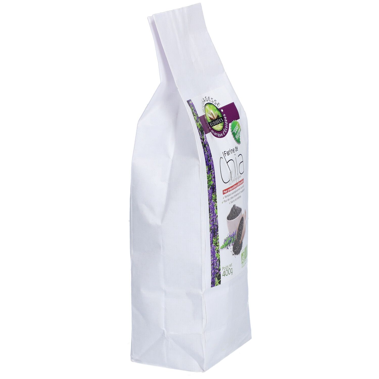 Sachet blanc incliné. Farine de Chia, 400g. Logo Biosagesse. Label bio.