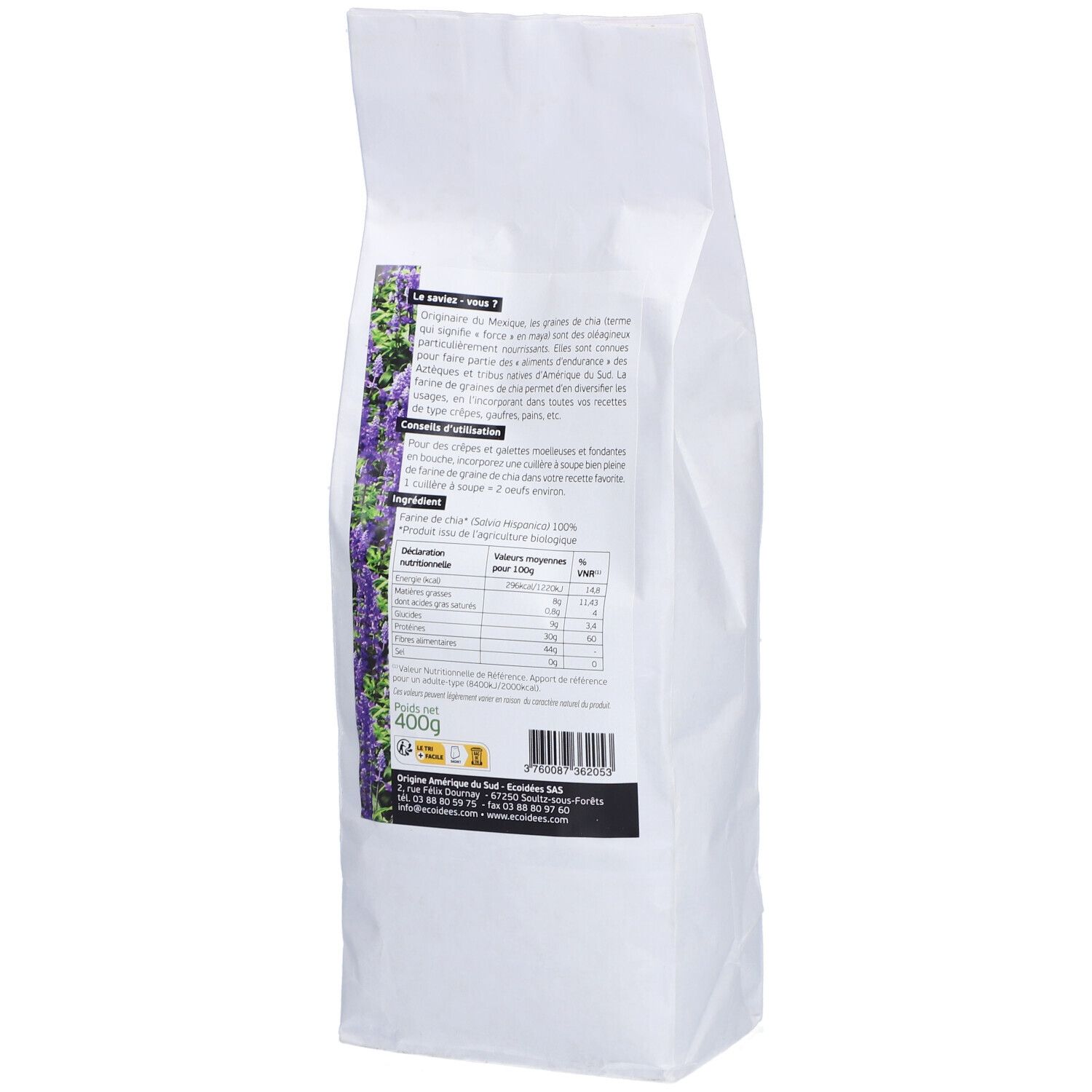 Dos du sachet. Texte et informations nutritionnelles. Logo Biosagesse. Label bio.