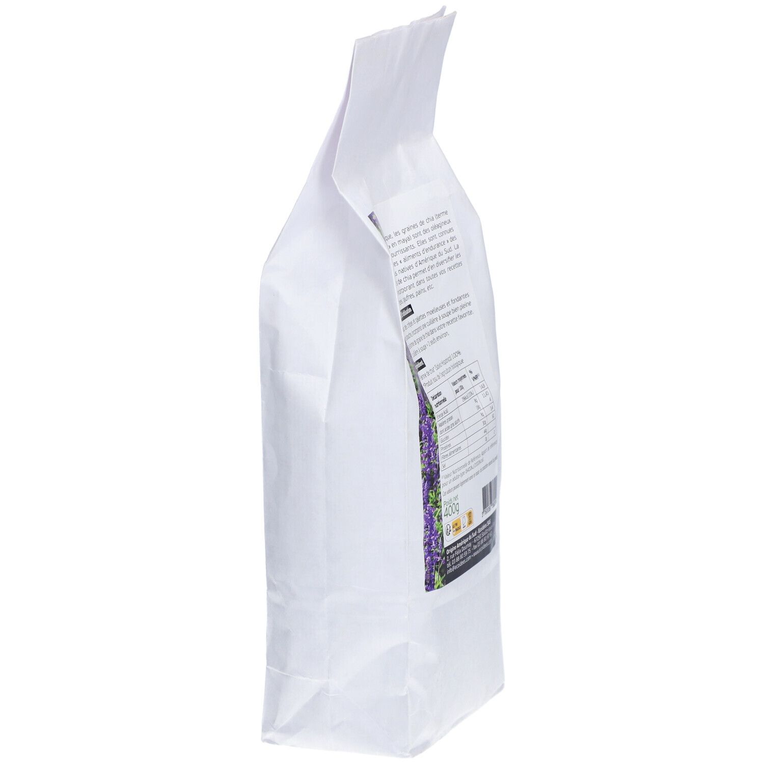 Vue oblique du sachet. Texte et informations nutritionnelles. Logo Biosagesse. Label bio.