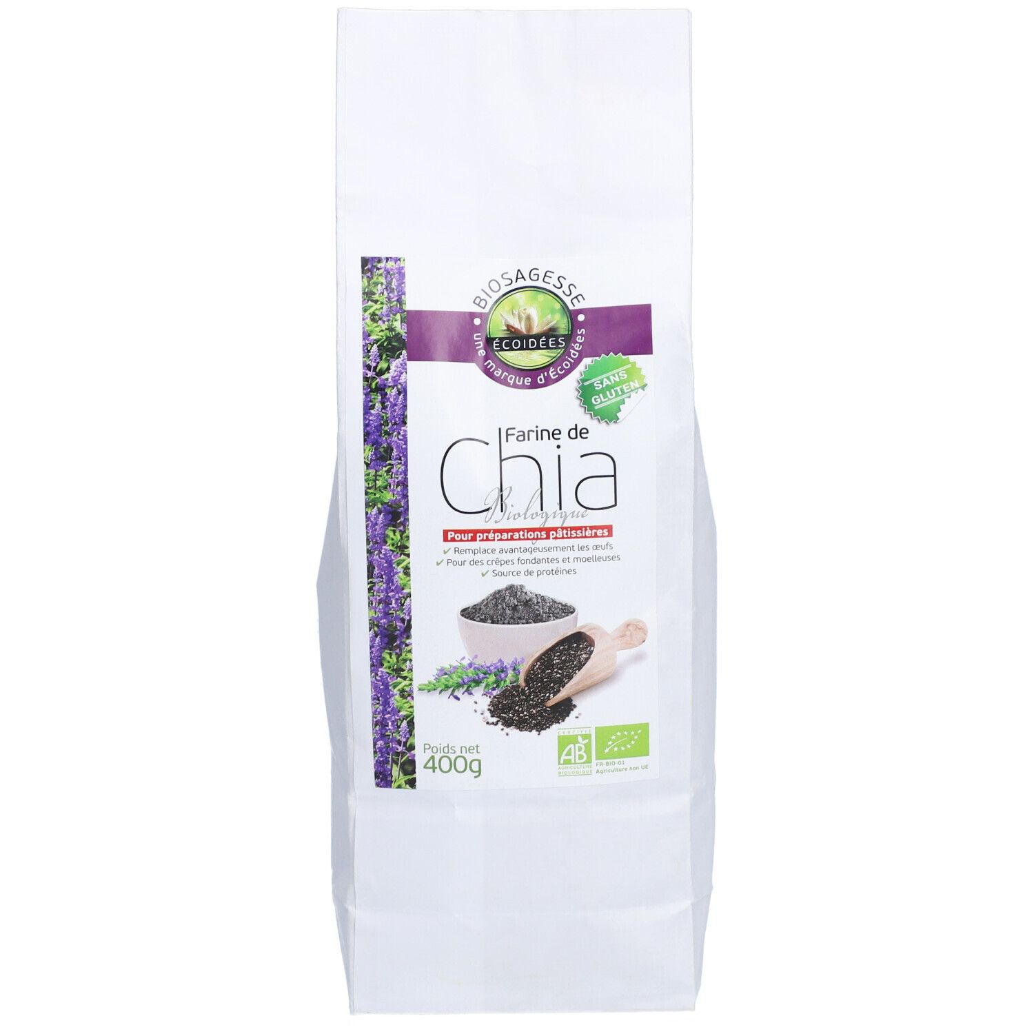 Sachet blanc avec impression. Farine de Chia, 400g. Logo Biosagesse. Label bio.