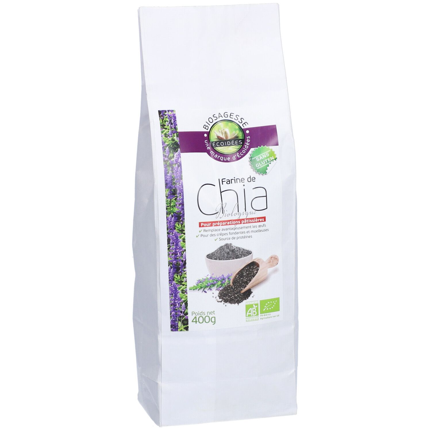 Sachet blanc avec impression. Farine de Chia, 400g. Logo Biosagesse. Label bio.
